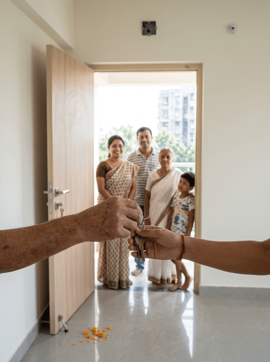 Handover ceremony at the door of a finished flat — keys passed hand to hand while three generations of the family wait on the landing, marigold petals on the floor